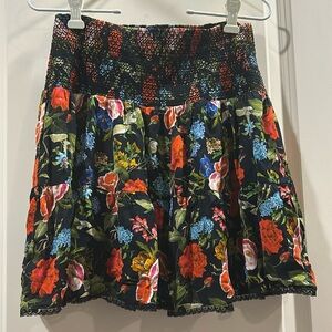 Alice + Olivia floral ruffle lace hem mini skirt elastic wide waistband size XL
